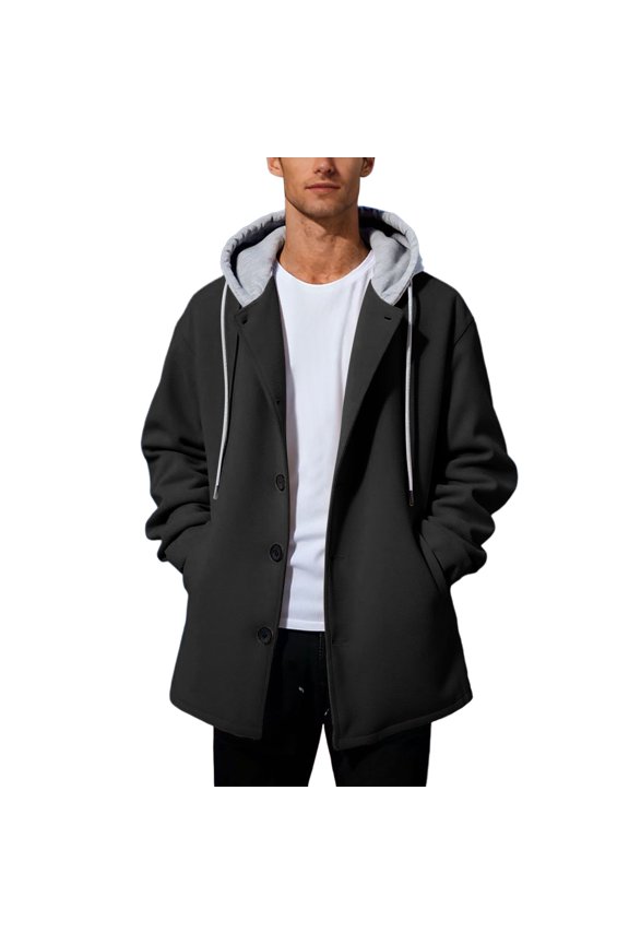 Men's Long Hooded Cardigan Sweater Outerwear Layerable Pullover Jacket With Two Piece Design Black 2XL