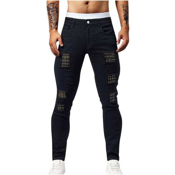 Men's Long Jeans Pant Fashion Ripped Design Jeans Casual Perforated Patch Trousers Pocket Solid Color Elastic Tight Fitting Small Leg Denim Pants