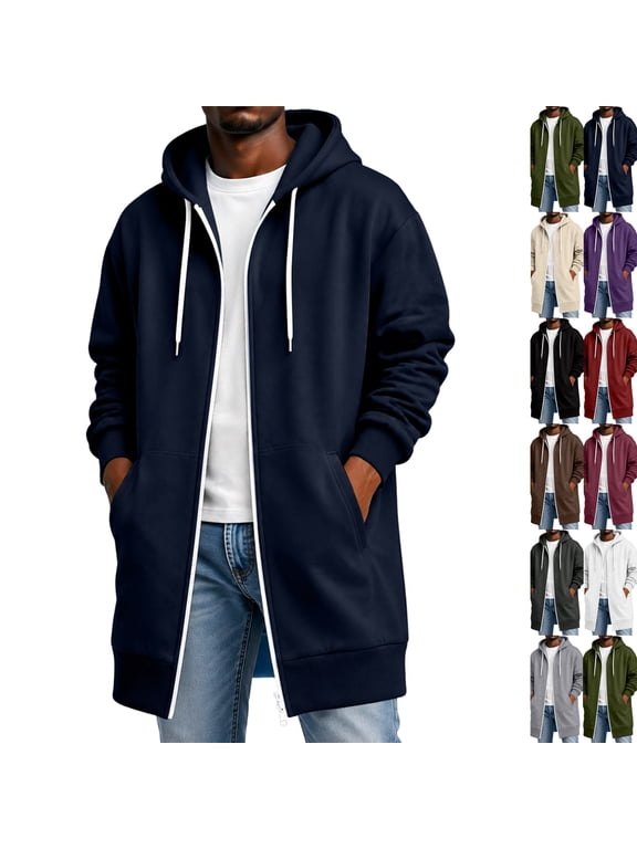 Men's Long Length Full Zip Hooded Sweatshirt, Open Front Long Sleeve Hoodie Coat with Drawstring and Side Pockets, Relaxed Fit Casual Warm Outerwear for Fall Winter Daily Wear Navy 3XL