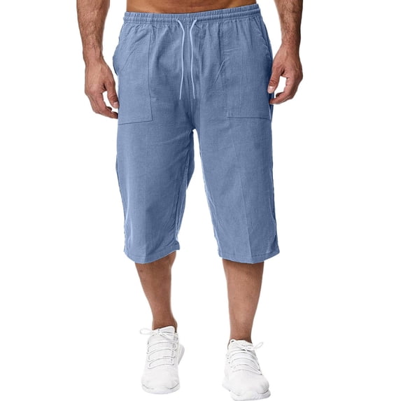 Men's Long Linen Shorts 3/4 Length Lounge Lounge Shorts Capri Pant (Blue XL)