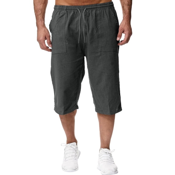 Men's Long Linen Shorts 3/4 Length Lounge Lounge Shorts Capri Pant (Grey XXL)