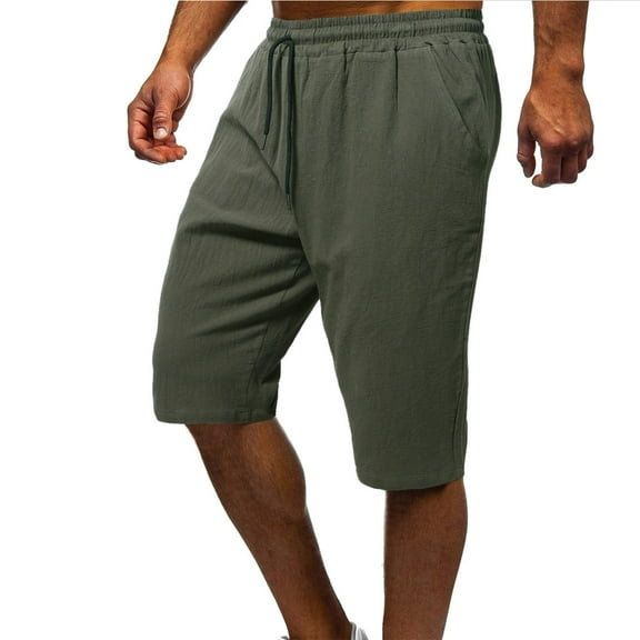 Men's Long Linen Shorts Below Knee Pocketed 3/4 Summer Drawstring Capri Pant Sport Shorts for Men Quick Dry