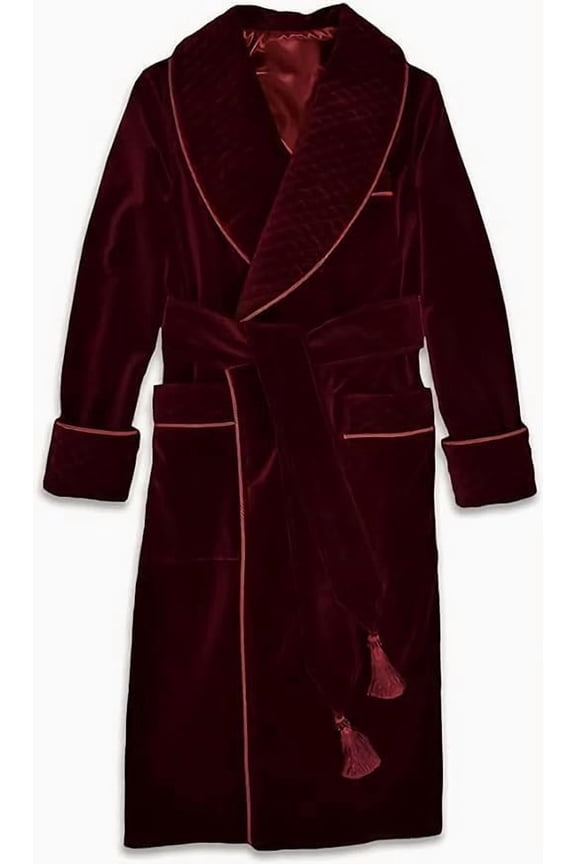 Men's Long Maroon Smoking Jacket Velvet Dressing Gown Coat Robes Quilted Evening Robes Coat&nbsp;