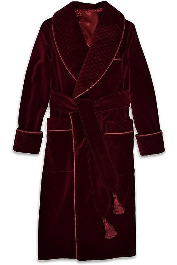 Men's Long Maroon Smoking Jacket Velvet Dressing Gown Coat Robes Quilted Evening Robes Coat
