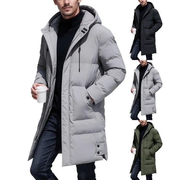Men's Long Puffer Coat Solid Color Thick Warm Hooded Winter Jacket,Mid-Length Zip Up Padded Parka for Outdoor Wear