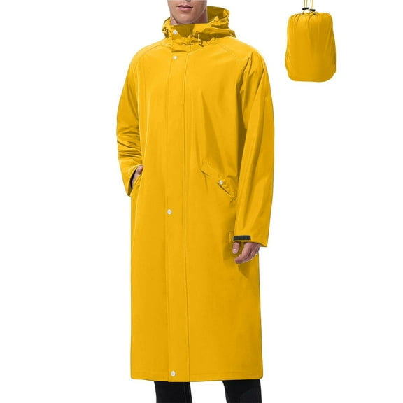 Men's Long Rain Coat Windproof Hooded Jacket Color Extended-Length Tops Waterproof Long-Sleeved Packable Outdoor Hooded Raincoat Yellow S