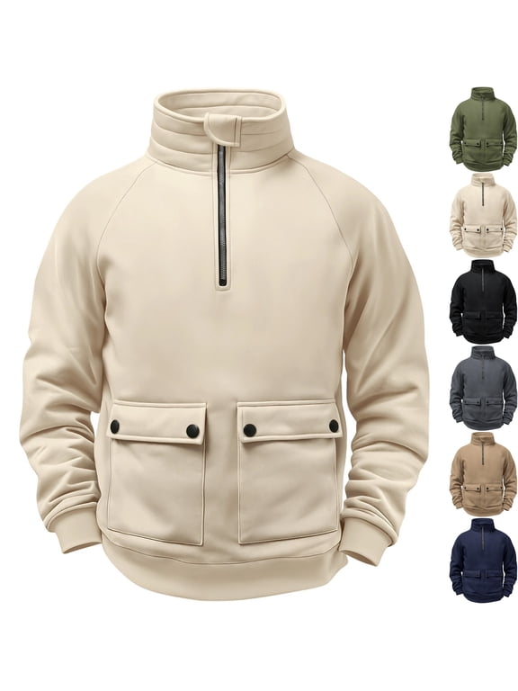 Men's Long Sleeve 1/4 Zip Pullover Mock Neck Sweatshirt Double-Knit Raglan Sleeves with Cargo Pockets for Fall Winter Outdoor Travel Daily Wear, Beige, L