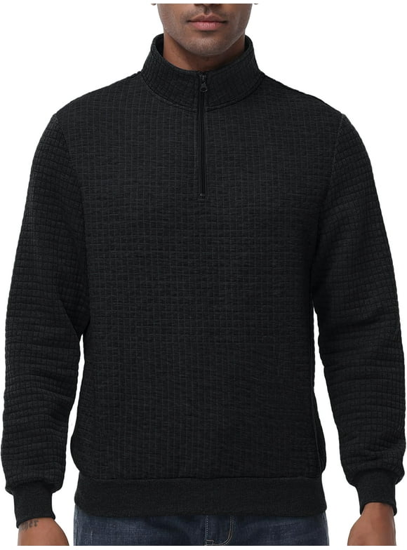 Men's Long Sleeve 1/4 Zipper Stand up Collar Warm Jacquard Sweatshirt Black L