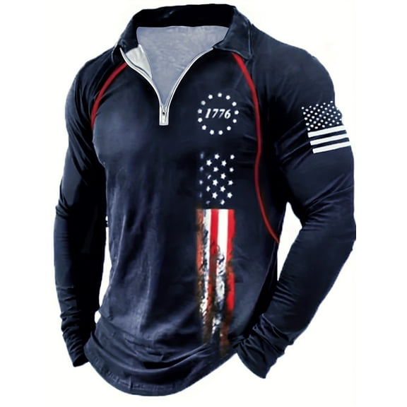 Men's Long Sleeve 1776 Golf Shirt USA Flag Graphic Zip Up Polo Shirt Blue XL