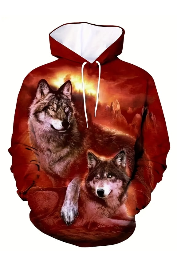 Men's Long Sleeve 3D Wolf Pattern Print Hoodie with Pocket, Street Casual Sports Fashion, Suitable for Outdoor Sports, Autumn and Winter Season, Fashionable and Versatile