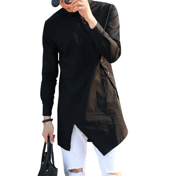 Men's Long Sleeve Asymmetric Shirts Casual Loose Button Down Ethnic Shirts