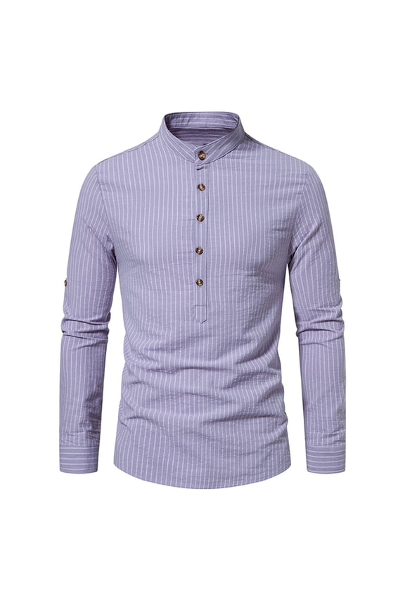 Men's Long Sleeve Banded Collar Shirt Beach Button Down Shirts Formal Casual Button Up Shirt Summer Striped Henley Shirt Yoga Tops Regular Fit Top