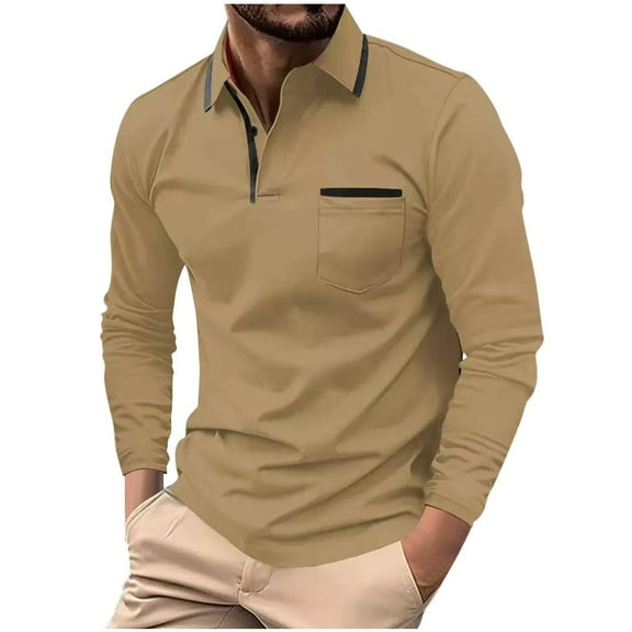 Men's Long Sleeve Basic Shirts Casual Quarter Button Slim Fit Cotton Tee Shirts Lightweight Tops Easy Care Blouses (M, Khaki)