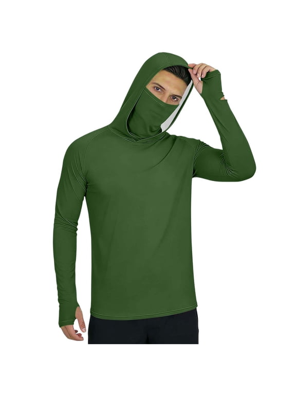 Men's Long Sleeve Big & Tall UPF 50+ Sun Protection Hoodie Raglan Muscle Fit Hooded Workout Shirt Quick Dry Athletic Rash Guard with Face Mask Thumbholes for Hiking Fishing