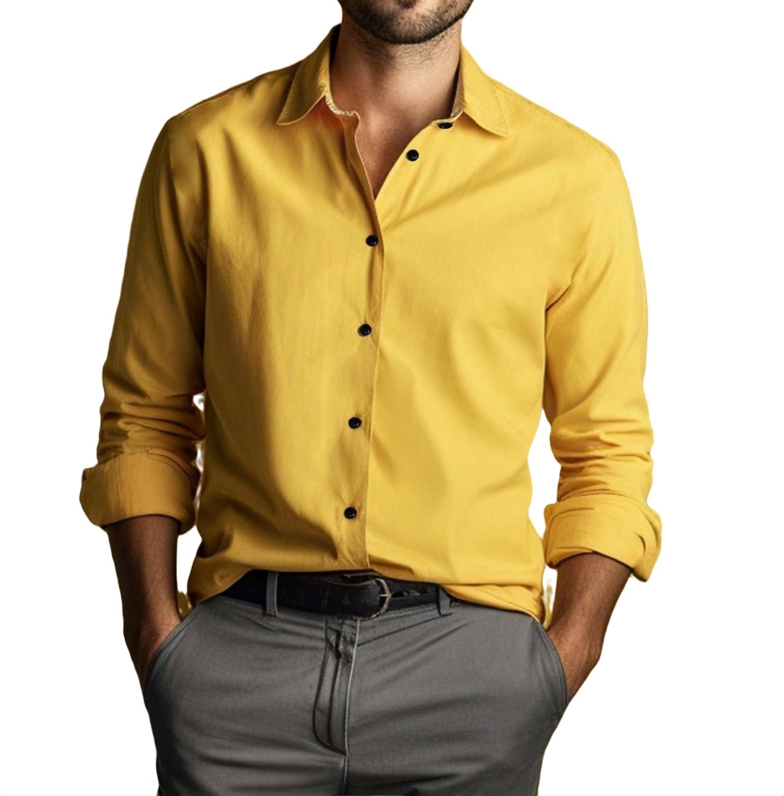 Men's Business Shirt Regular Fit Long Sleeve Standing Collar Solid Color
