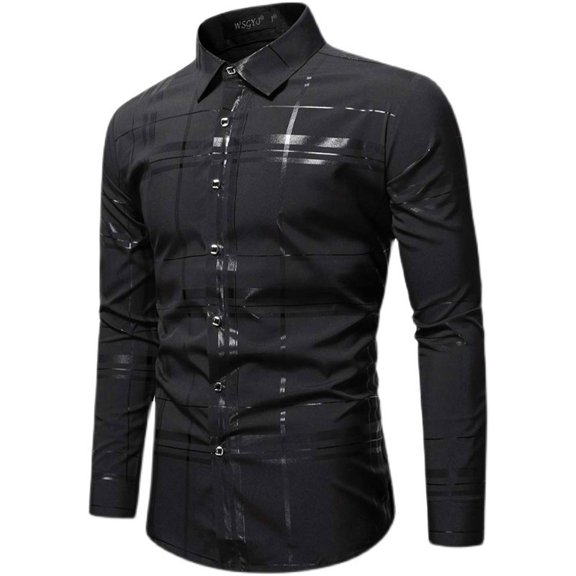 Men's Long Sleeve Button Blouse Lapel Plaid Printed Shirts Slim Casual Tops with Pockets
