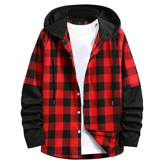 Men's Long Sleeve Button Blouse Plaid Printed Hooded Jackets Trendy Casual Shirts