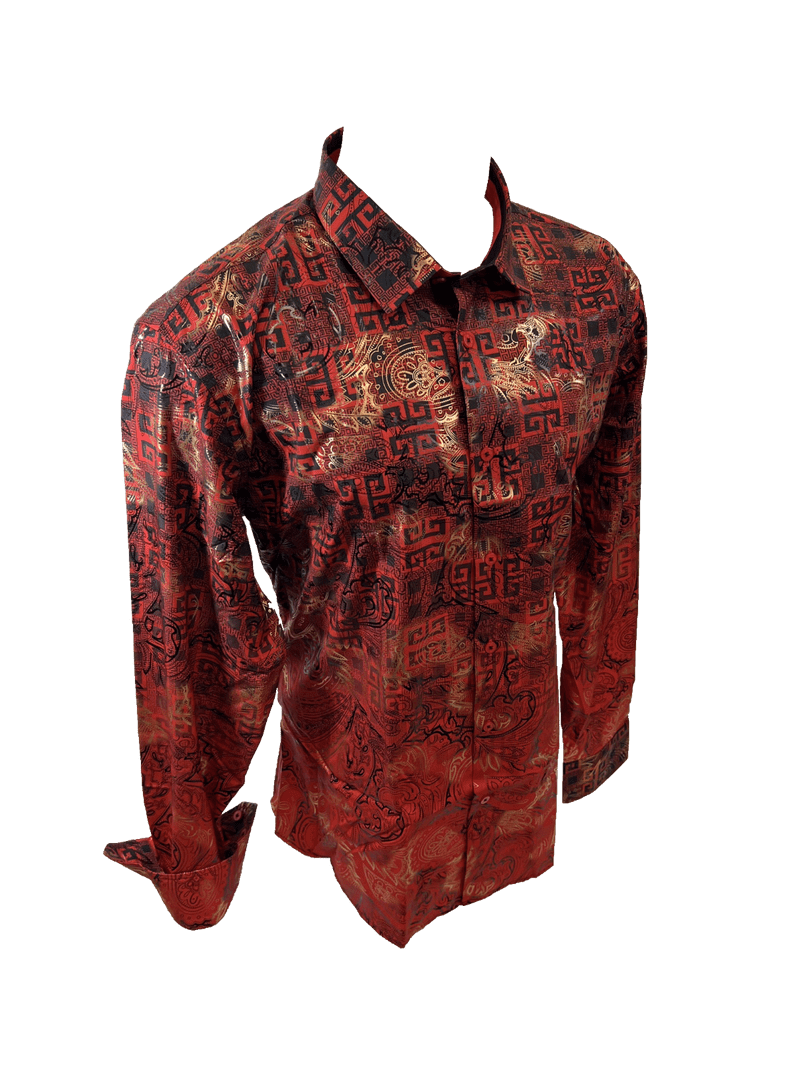 Men's Long Sleeve Button Down Dress Shirt Red Gold Black Tribal Geometric All Over Pattern