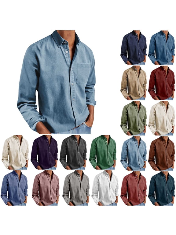 Men's Long Sleeve Button Down Shirt Casual Cotton Linen Blend Solid Color Lightweight Shirt