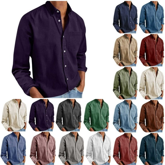 Men's Long Sleeve Button Down Shirt Casual Cotton Linen Blend Solid Color Lightweight Shirt