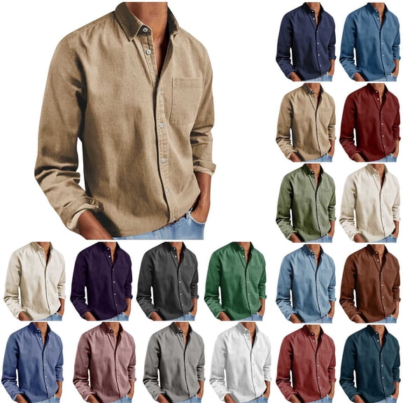Men's Long Sleeve Button Down Shirt Casual Cotton Linen Blend Solid Color Lightweight Shirt