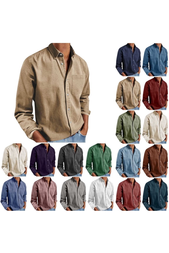 Men's Long Sleeve Button Down Shirt Casual Cotton Linen Blend Solid Color Lightweight Shirt