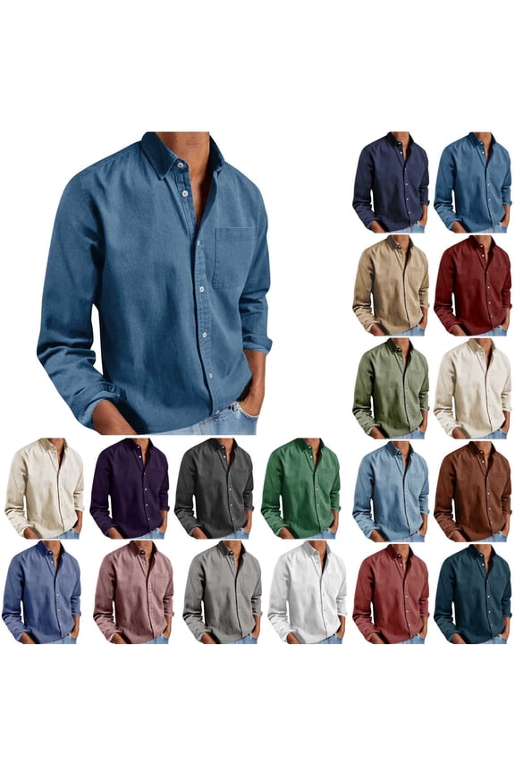 Men's Long Sleeve Button Down Shirt Casual Cotton Linen Blend Solid Color Lightweight Shirt