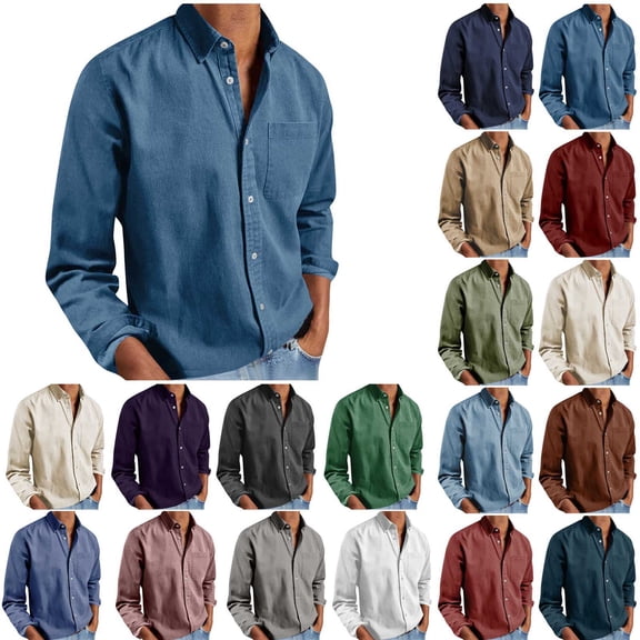 Men's Long Sleeve Button Down Shirt Casual Cotton Linen Blend Solid Color Lightweight Shirt