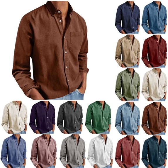 Men's Long Sleeve Button Down Shirt Casual Cotton Linen Blend Solid Color Lightweight Shirt