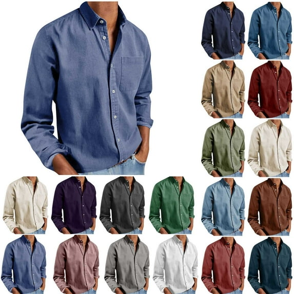 Men's Long Sleeve Button Down Shirt Casual Cotton Linen Blend Solid Color Lightweight Shirt