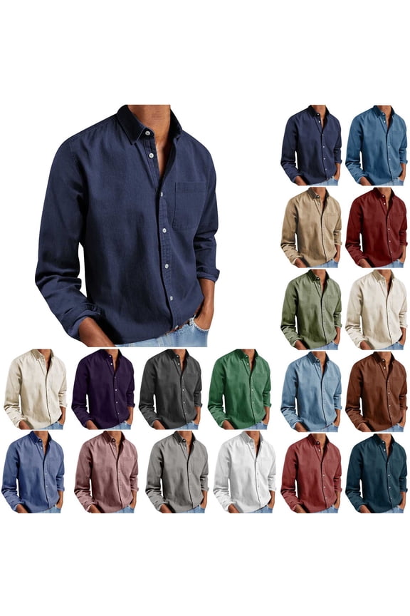 Men's Long Sleeve Button Down Shirt Casual Cotton Linen Blend Solid Color Lightweight Shirt