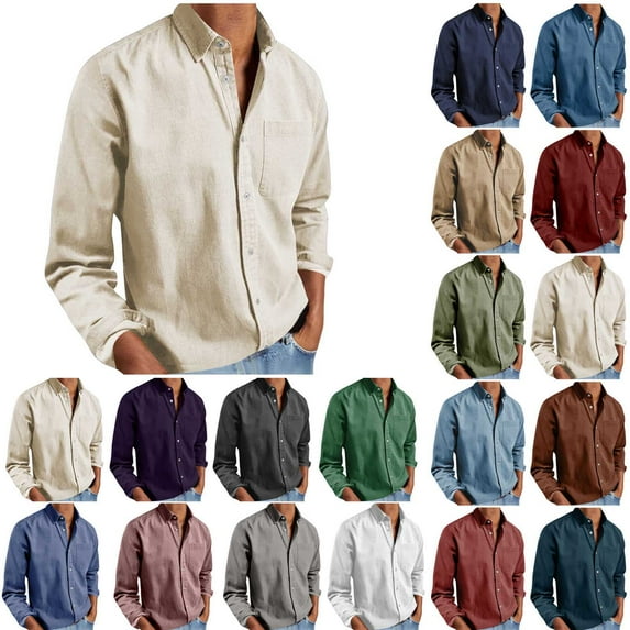 Men's Long Sleeve Button Down Shirt Casual Cotton Linen Blend Solid Color Lightweight Shirt
