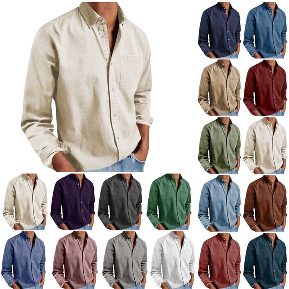 Men's Long Sleeve Button Down Shirt Casual Cotton Linen Blend Solid Color Lightweight Shirt