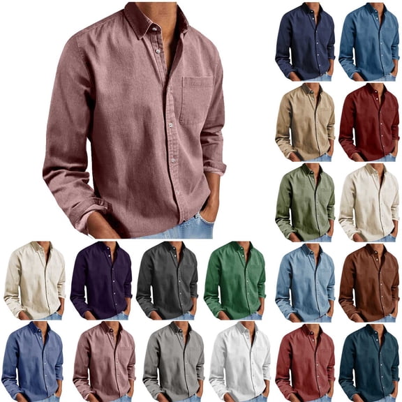 Men's Long Sleeve Button Down Shirt Casual Cotton Linen Blend Solid Color Lightweight Shirt