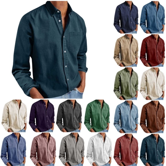 Men's Long Sleeve Button Down Shirt Casual Cotton Linen Blend Solid Color Lightweight Shirt