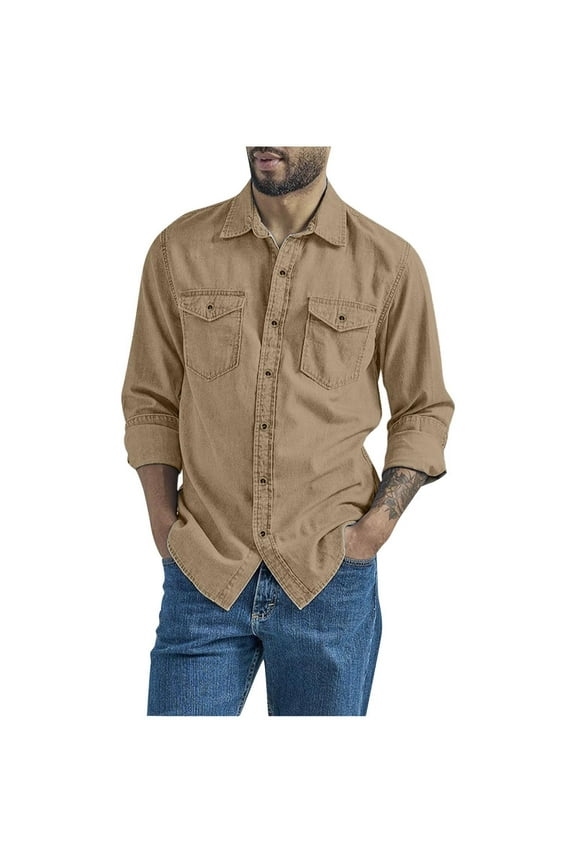 Men's Long Sleeve Button Down Shirts Vintage Casual Chambray Cargo Shirts Outdoor Hiking Fishing Tops with Pockets
