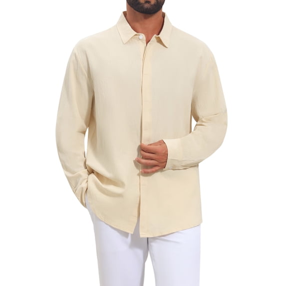 INSPIRE CHIC Back to School Men's Long Sleeve Button Down Solid Linen Dress Shirt S Beige