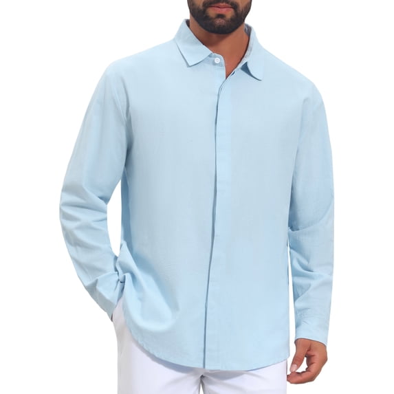 INSPIRE CHIC Back to School Men's Long Sleeve Button Down Solid Linen Dress Shirt S Light Blue