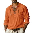 thumbnail image 1 of Men Casual Cotton Linen T Shirt Men Cotton Linen Shirts Lace Up Long Sleeve Beach Shirts Drawstring V Neck Hippie Tees Shirts Yoga Boho Renaissance Tunic Pullover Big and Tall Yoga Shirt, 1 of 4
