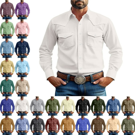 Men's Long Sleeve Button Up Shirts Fashionable Solid Color Casual Long Sleeve Turndown Collar Blouse Shirt Slim Fit Casual Business Formal Dress Shirt
