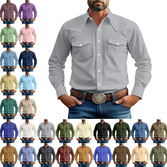 Men's Long Sleeve Button Up Shirts Fashionable Solid Color Casual Long Sleeve Turndown Collar Blouse Shirt Slim Fit Casual Business Formal Dress Shirt