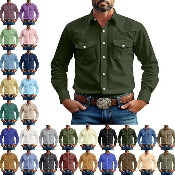 Men's Long Sleeve Button Up Shirts Fashionable Solid Color Casual Long Sleeve Turndown Collar Blouse Shirt Slim Fit Casual Business Formal Dress Shirt