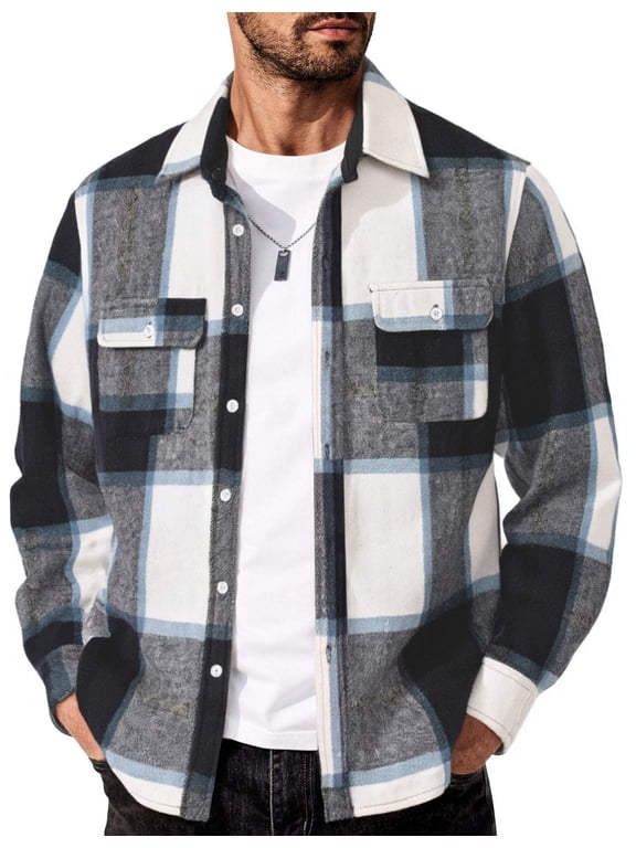 Men's Long Sleeve Button Up Casual Shacket Flannels Jacket Navy Blue 3X-Large