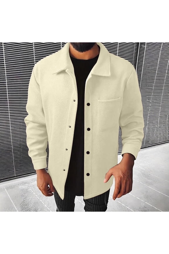 Men's Long Sleeve Button-Up Shirt Jacket Casual Comfy Knit Shacket Fashion Solid Color With Pocket Overshirts (L, Beige)