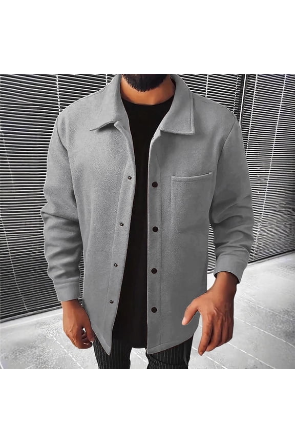 Men's Long Sleeve Button-Up Shirt Jacket Casual Comfy Knit Shacket Fashion Solid Color With Pocket Overshirts (L, Gray)