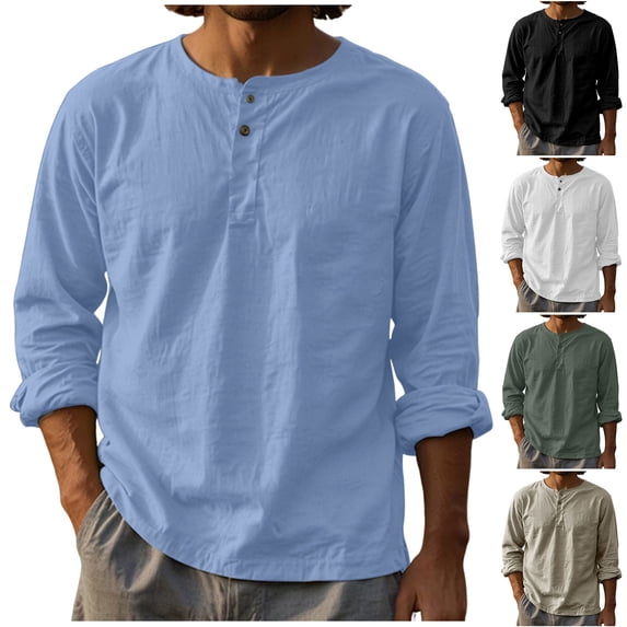 Men's Long Sleeve Button Up T-Shirt Cotton Linen Blend Fashion Tee Casual Round Neck Solid Color Daily Work | Zenithor,Beige 3XL
