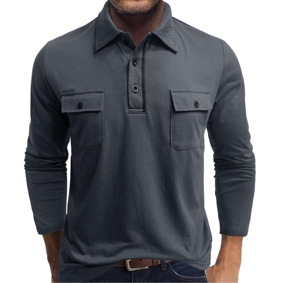 Men's Long Sleeve Cargo Shirt Quarter Button Tactical Style Tees Comfy Athletic Golf Tops with Chest Pockets