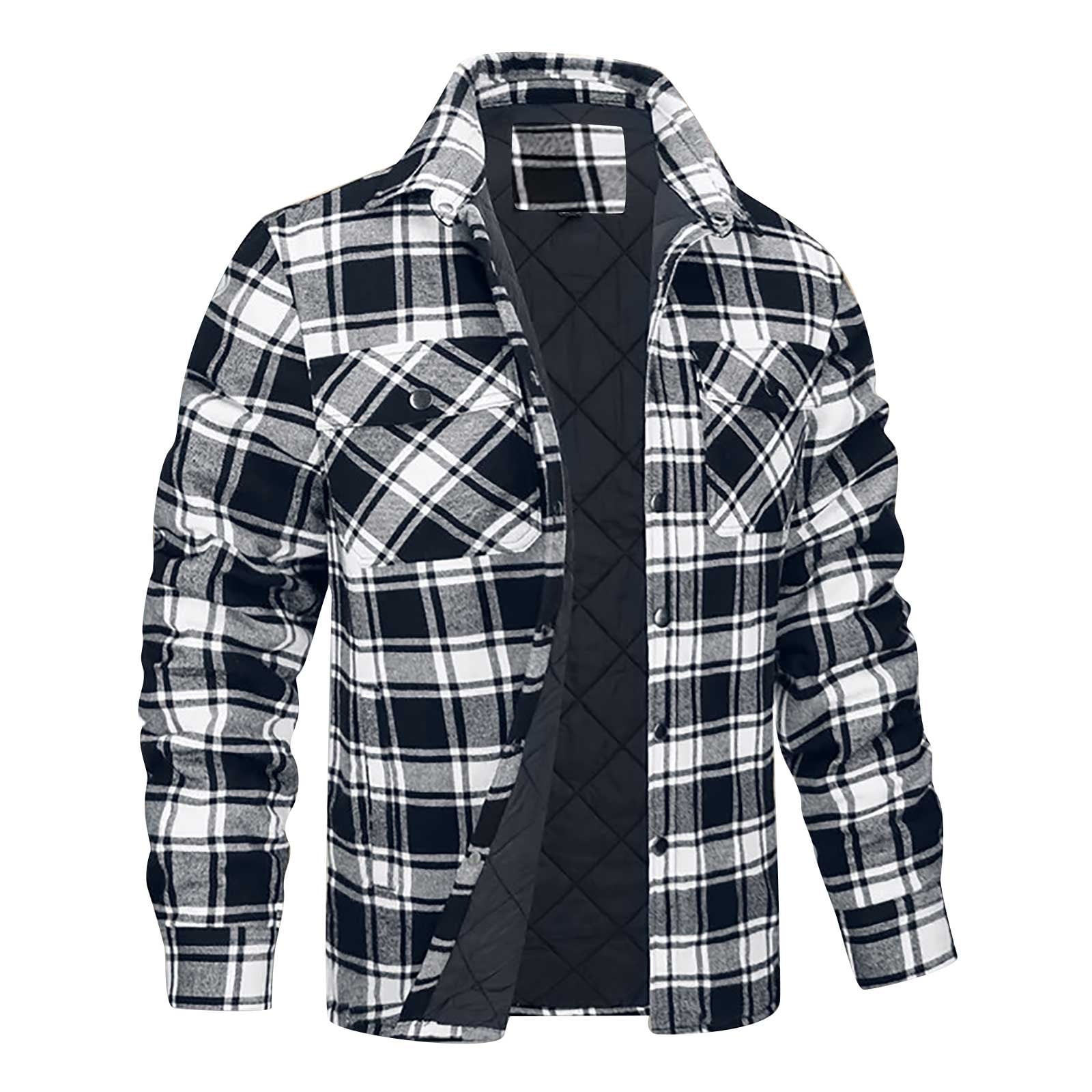 Men's Long Sleeve Casual Button Down Flannel Shirt Plaid Jacket Thicken Quilted Outwear Coat