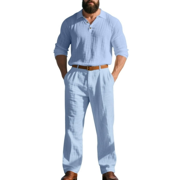 Men's Long Sleeve Casual Linen Shirt and Pants Set, Lightweight Breathable Outfit for Summer Beach, Relaxed Fit
