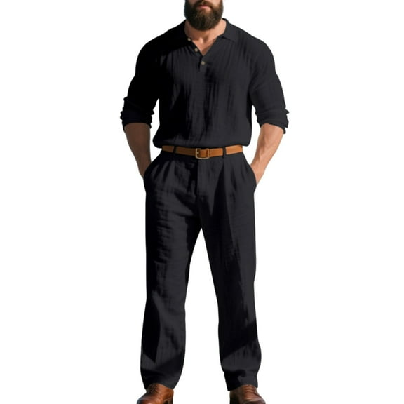 Men's Long Sleeve Casual Linen Shirt and Pants Set, Lightweight Breathable Outfit for Summer Beach, Relaxed Fit